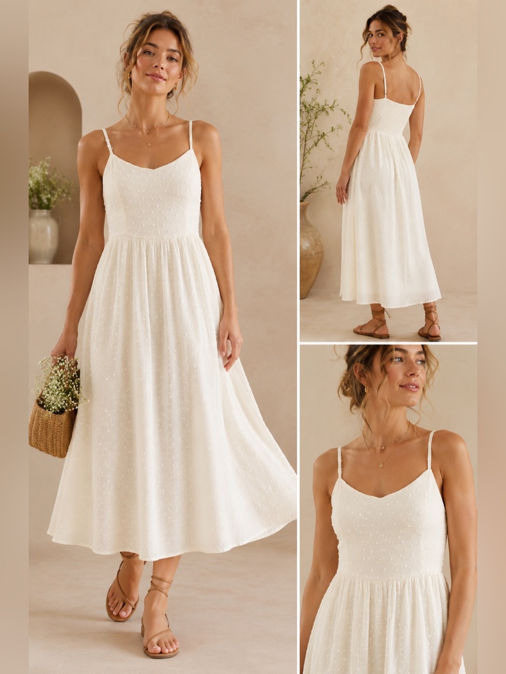 Thirty Thirty Ivory Swiss Dot Smocked Midi Dress Size Small Cottagecore